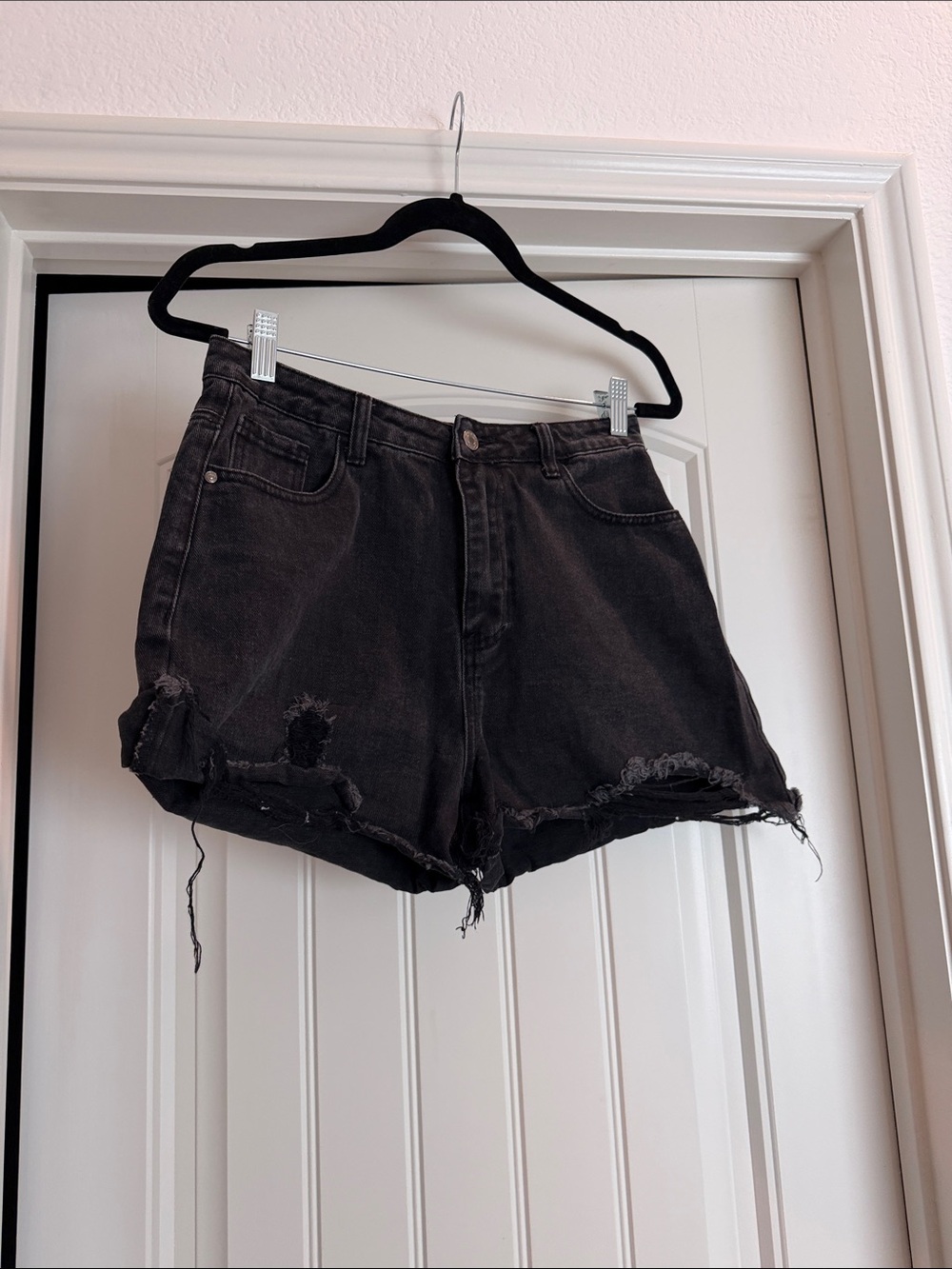 SHEIN Black Distressed High-Rise Denim Shorts
